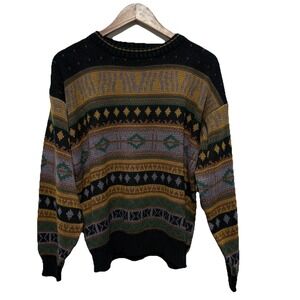 Atlantic Trader Vintage Sweater Mens L Brown Retro Grandpa Aztec Made USA 90s